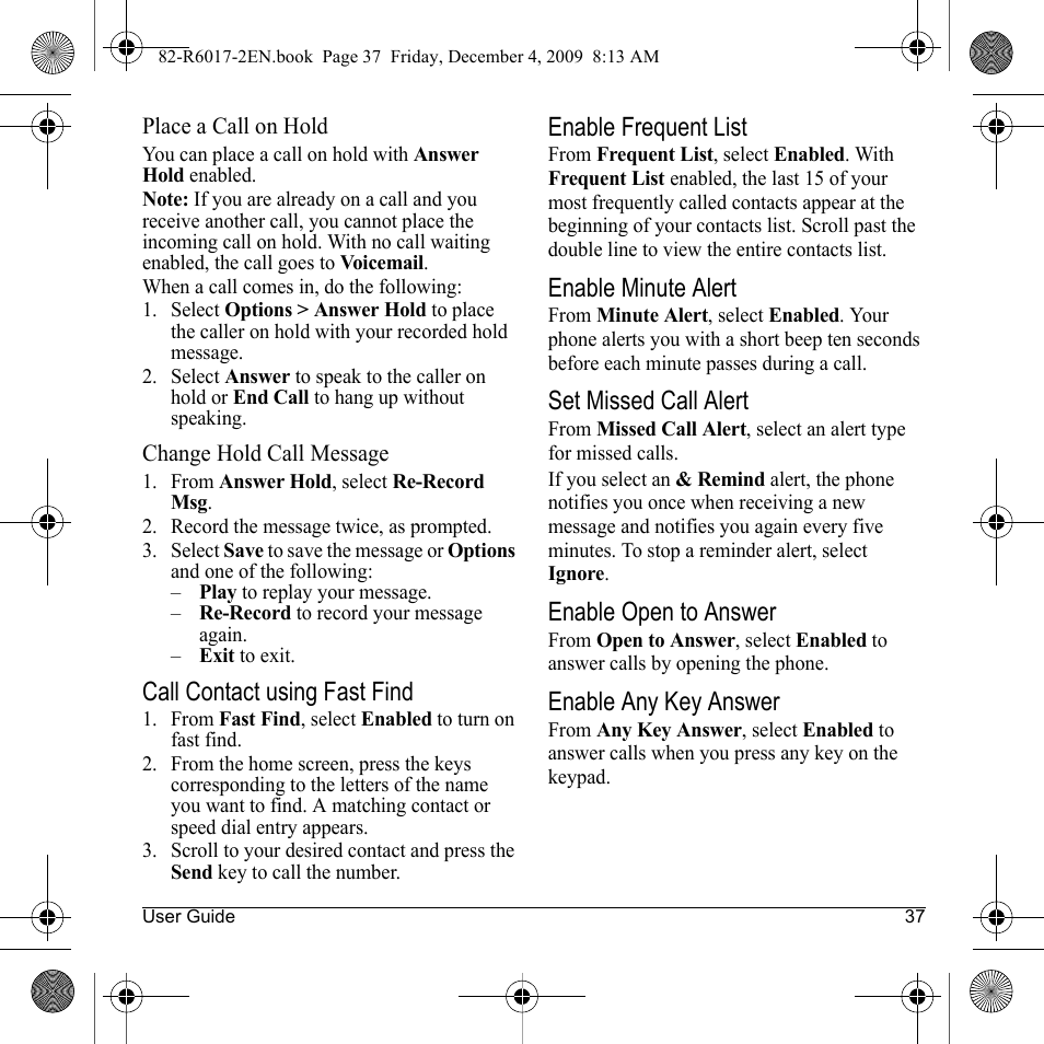 Call contact using fast find, Enable frequent list, Enable minute alert | Set missed call alert, Enable open to answer, Enable any key answer | Kyocera TOMO S2410 User Manual | Page 37 / 72