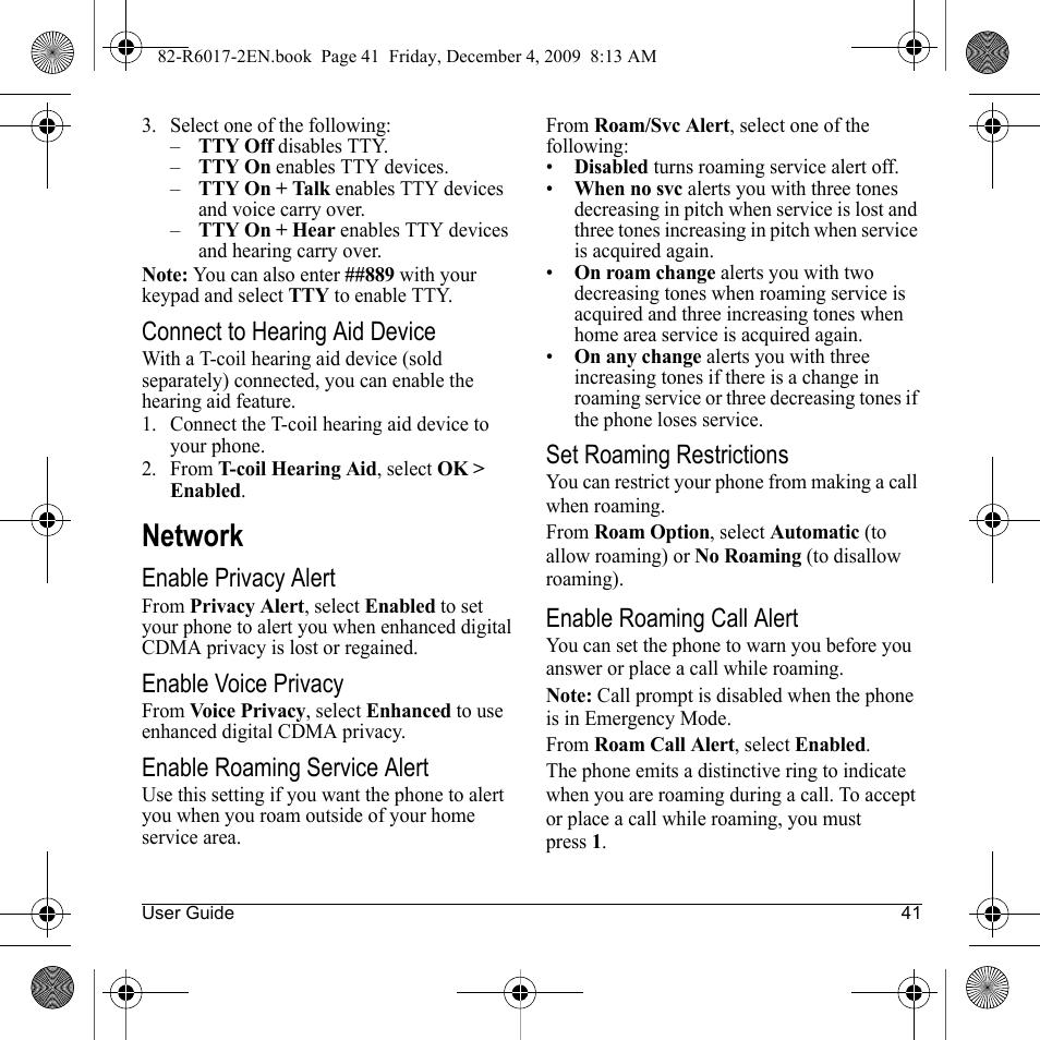 Network, Connect to hearing aid device, Enable privacy alert | Enable voice privacy, Enable roaming service alert, Set roaming restrictions, Enable roaming call alert | Kyocera TOMO S2410 User Manual | Page 41 / 72