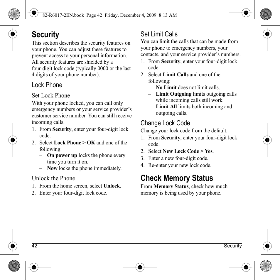 Security | Kyocera TOMO S2410 User Manual | Page 42 / 72