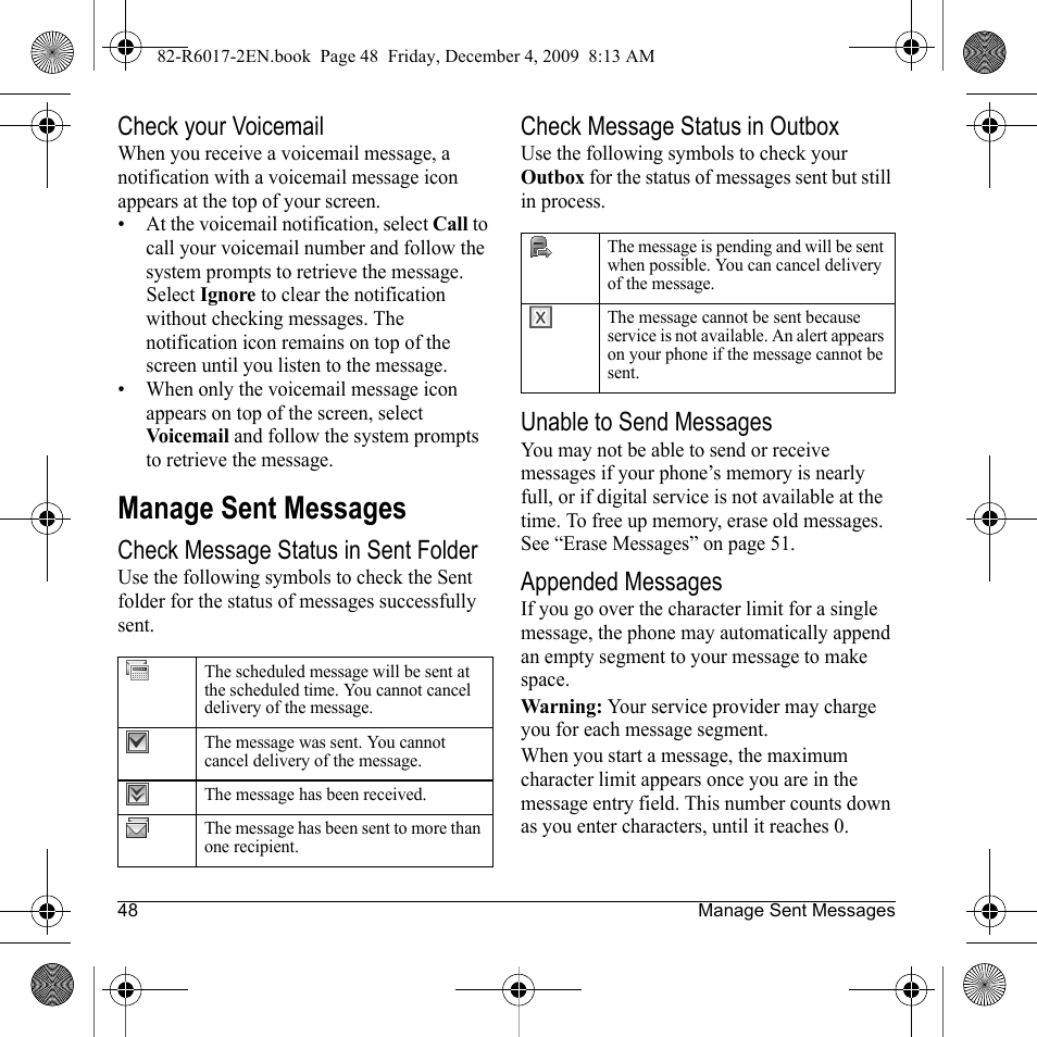 Manage sent messages, Check your voicemail, Check message status in sent folder | Check message status in outbox, Unable to send messages, Appended messages | Kyocera TOMO S2410 User Manual | Page 48 / 72