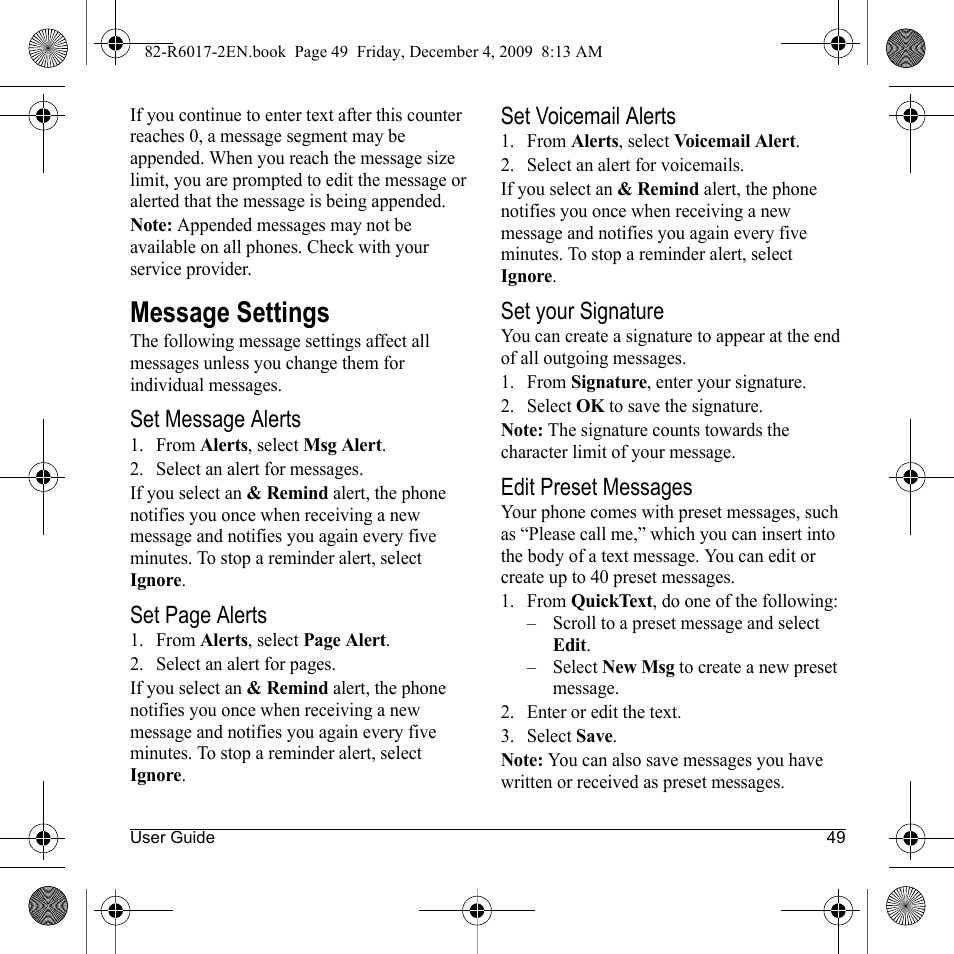 Message settings | Kyocera TOMO S2410 User Manual | Page 49 / 72