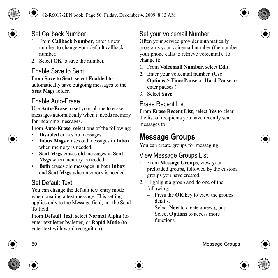 Message groups | Kyocera TOMO S2410 User Manual | Page 50 / 72