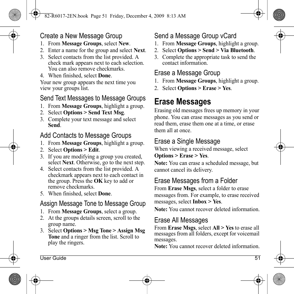 Erase messages | Kyocera TOMO S2410 User Manual | Page 51 / 72
