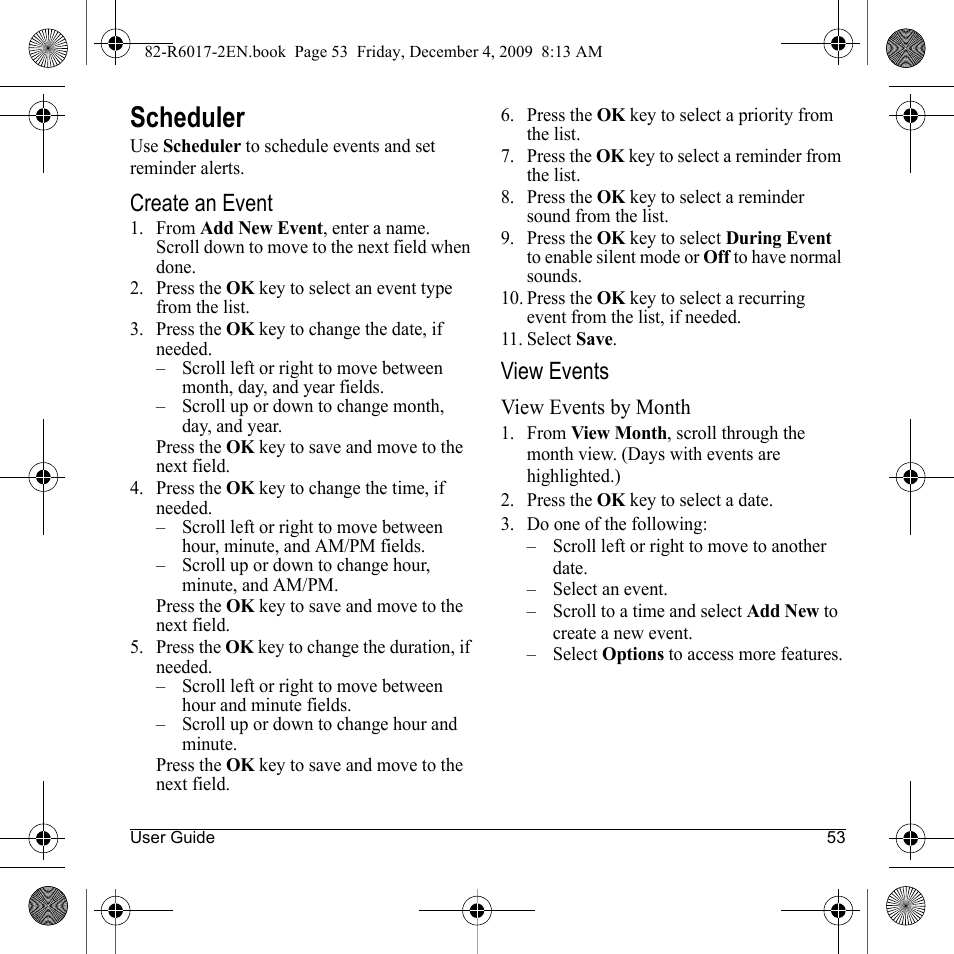 Scheduler, Create an event, View events | Kyocera TOMO S2410 User Manual | Page 53 / 72