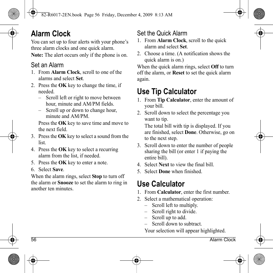 Alarm clock, Use tip calculator, Use calculator | Kyocera TOMO S2410 User Manual | Page 56 / 72