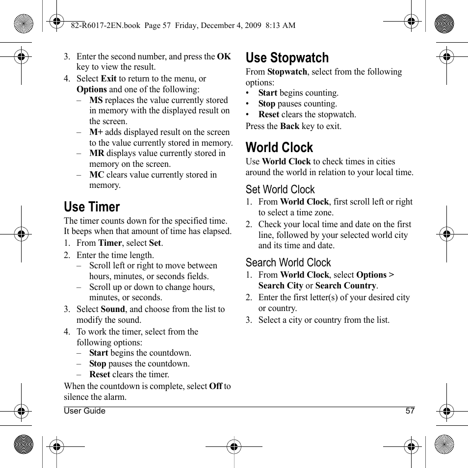 Use timer, Use stopwatch, World clock | Kyocera TOMO S2410 User Manual | Page 57 / 72