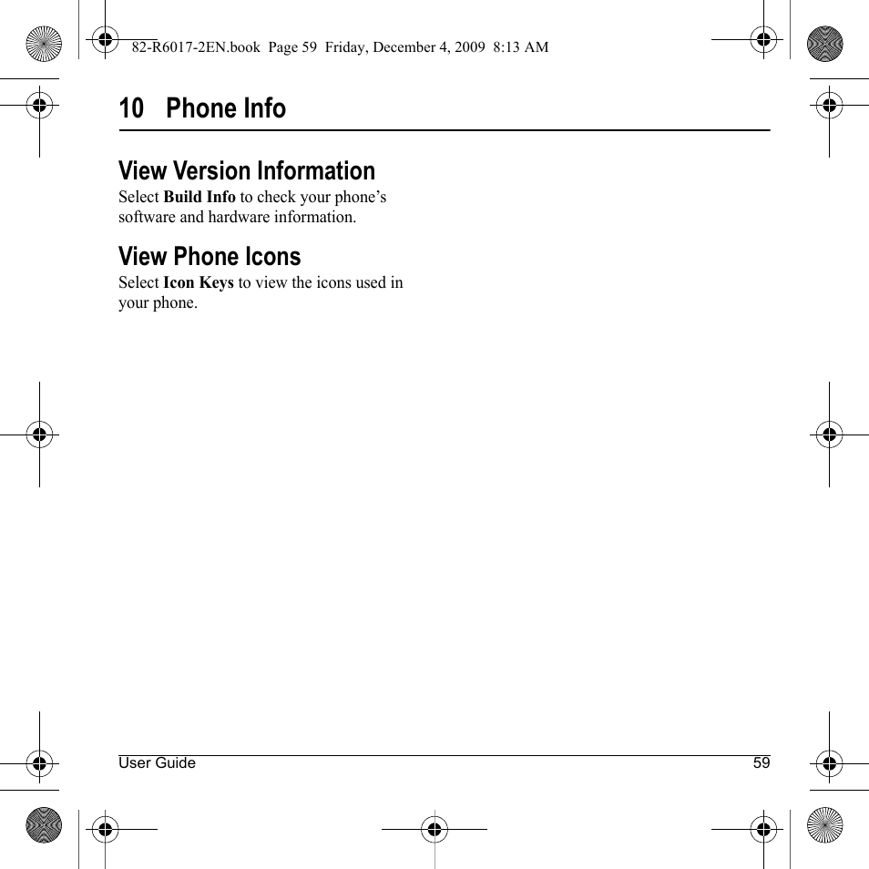 10 phone info, View version information, View phone icons | Kyocera TOMO S2410 User Manual | Page 59 / 72