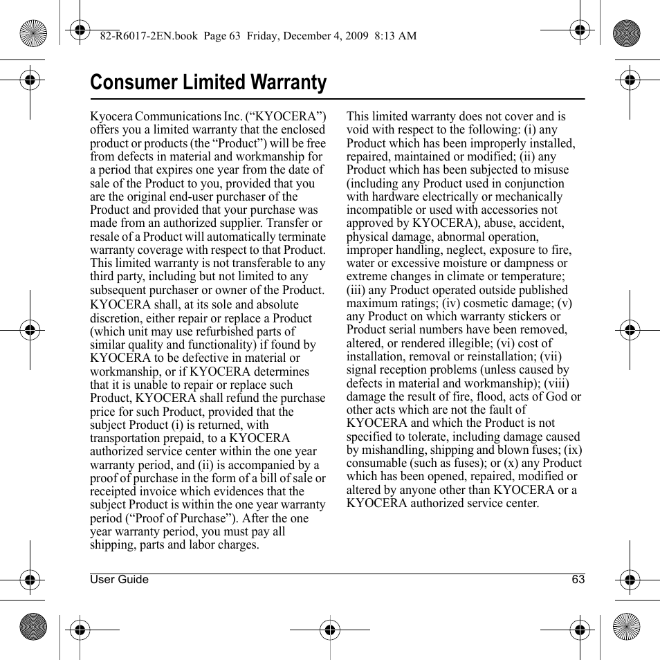 Consumer limited warranty | Kyocera TOMO S2410 User Manual | Page 63 / 72