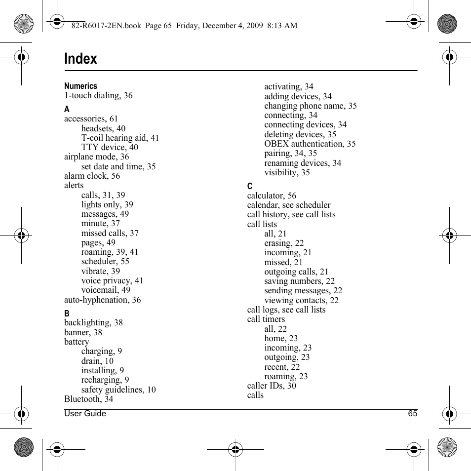 Index | Kyocera TOMO S2410 User Manual | Page 65 / 72