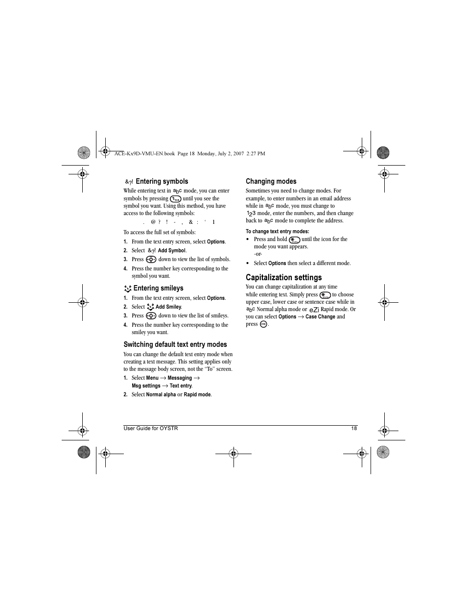 Capitalization settings | Kyocera OYSTR KX9 User Manual | Page 25 / 64