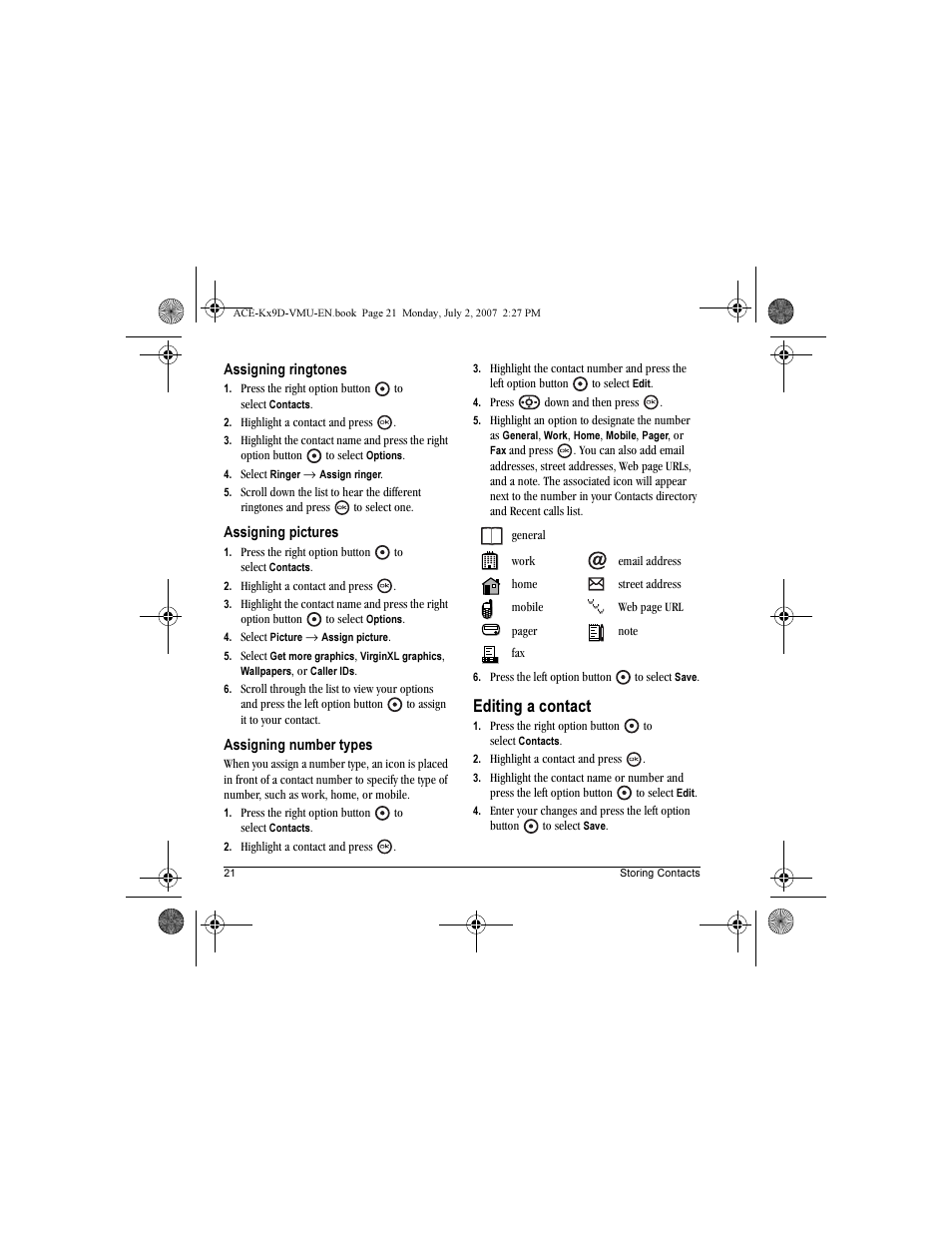 Editing a contact | Kyocera OYSTR KX9 User Manual | Page 28 / 64