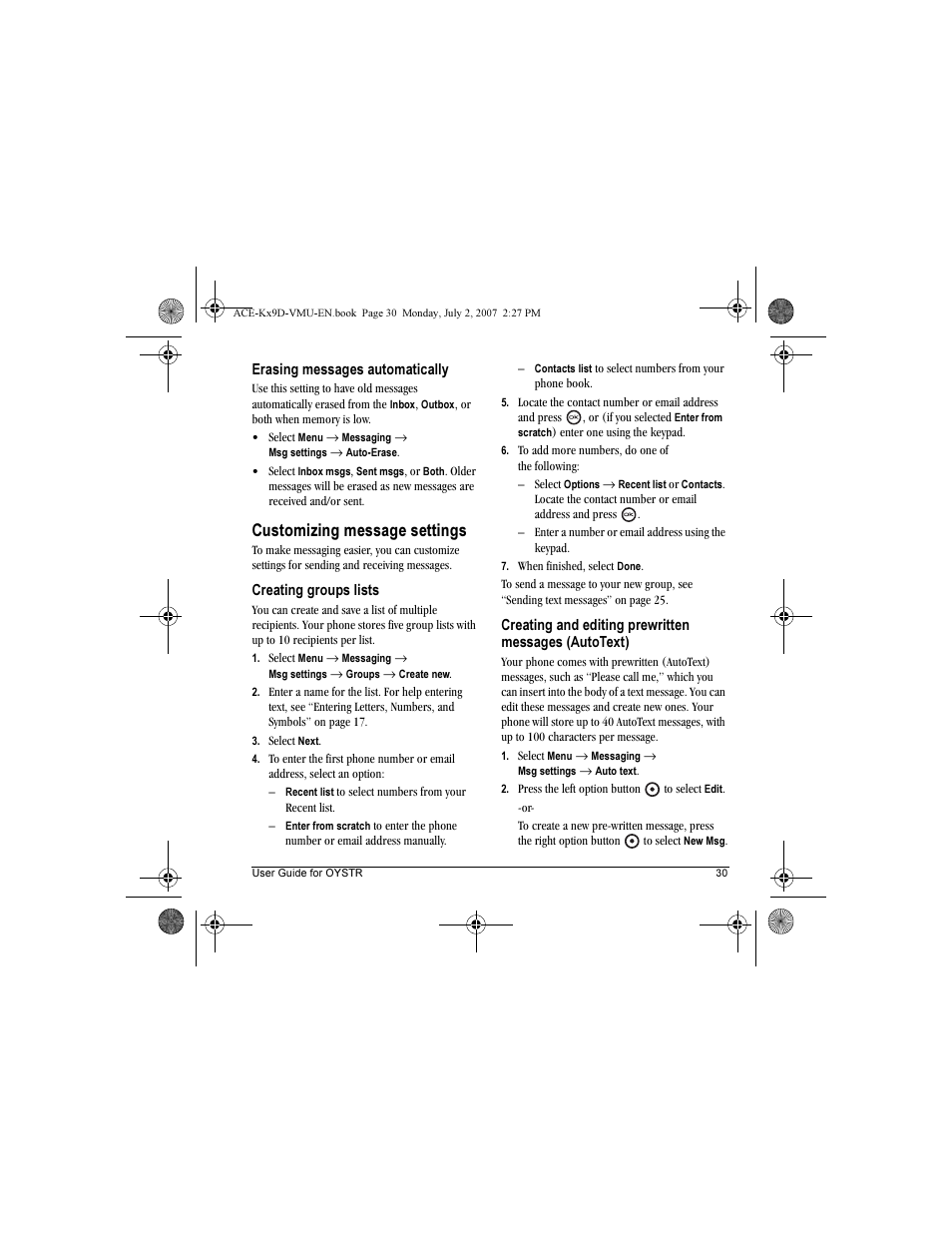 Customizing message settings | Kyocera OYSTR KX9 User Manual | Page 37 / 64