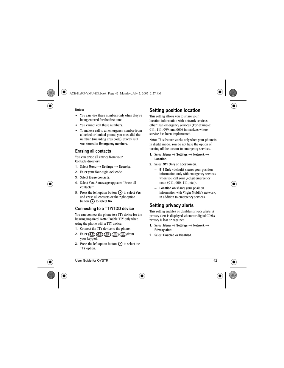 Setting position location, Setting privacy alerts | Kyocera OYSTR KX9 User Manual | Page 49 / 64