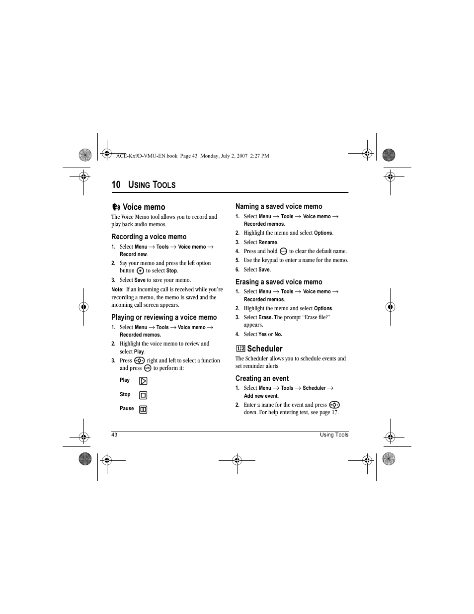 10 u, Scheduler, Sing | Ools | Kyocera OYSTR KX9 User Manual | Page 50 / 64