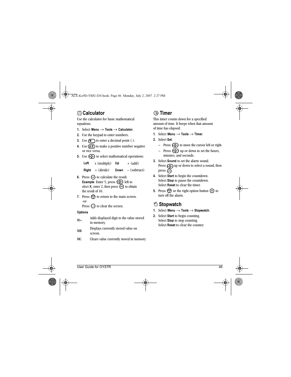 Calculator, Timer, Stopwatch | Kyocera OYSTR KX9 User Manual | Page 53 / 64
