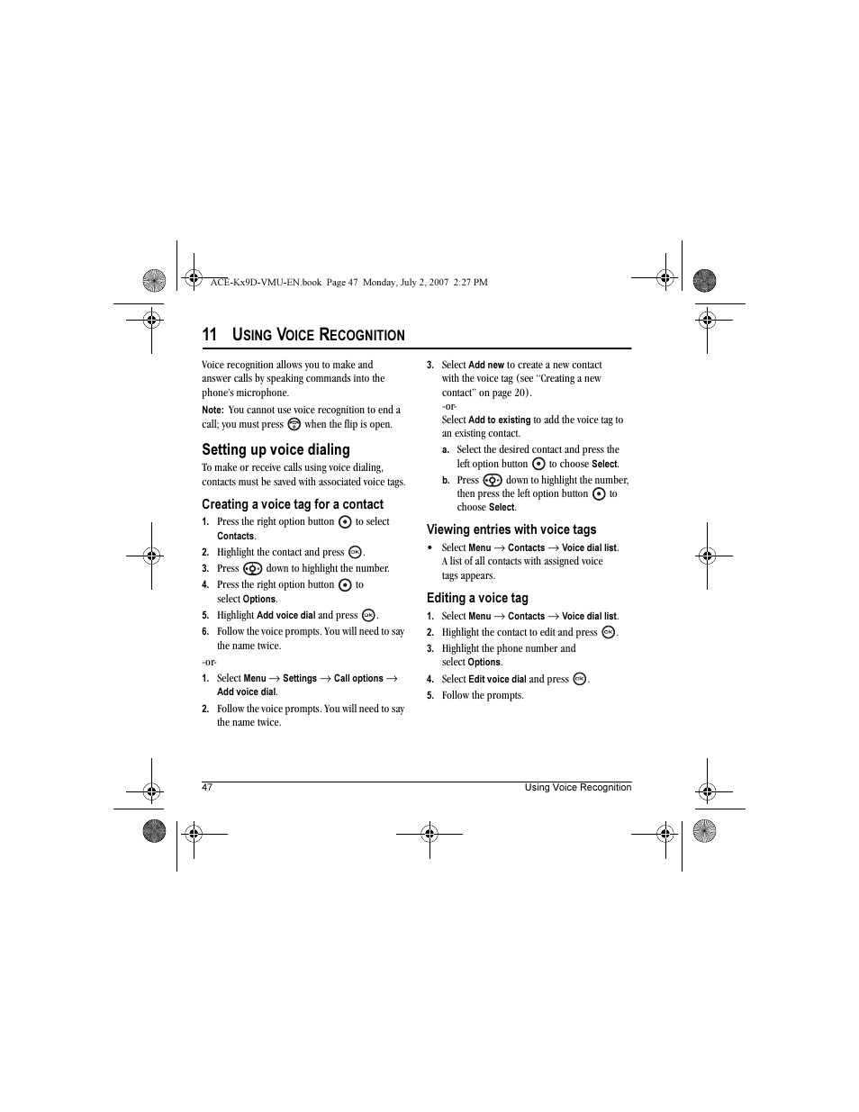 11 u, Setting up voice dialing | Kyocera OYSTR KX9 User Manual | Page 54 / 64