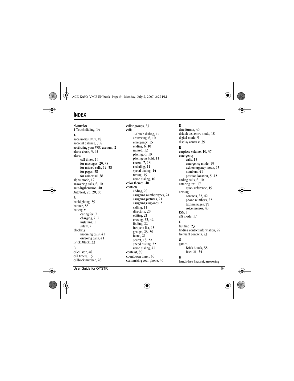 Ndex | Kyocera OYSTR KX9 User Manual | Page 61 / 64