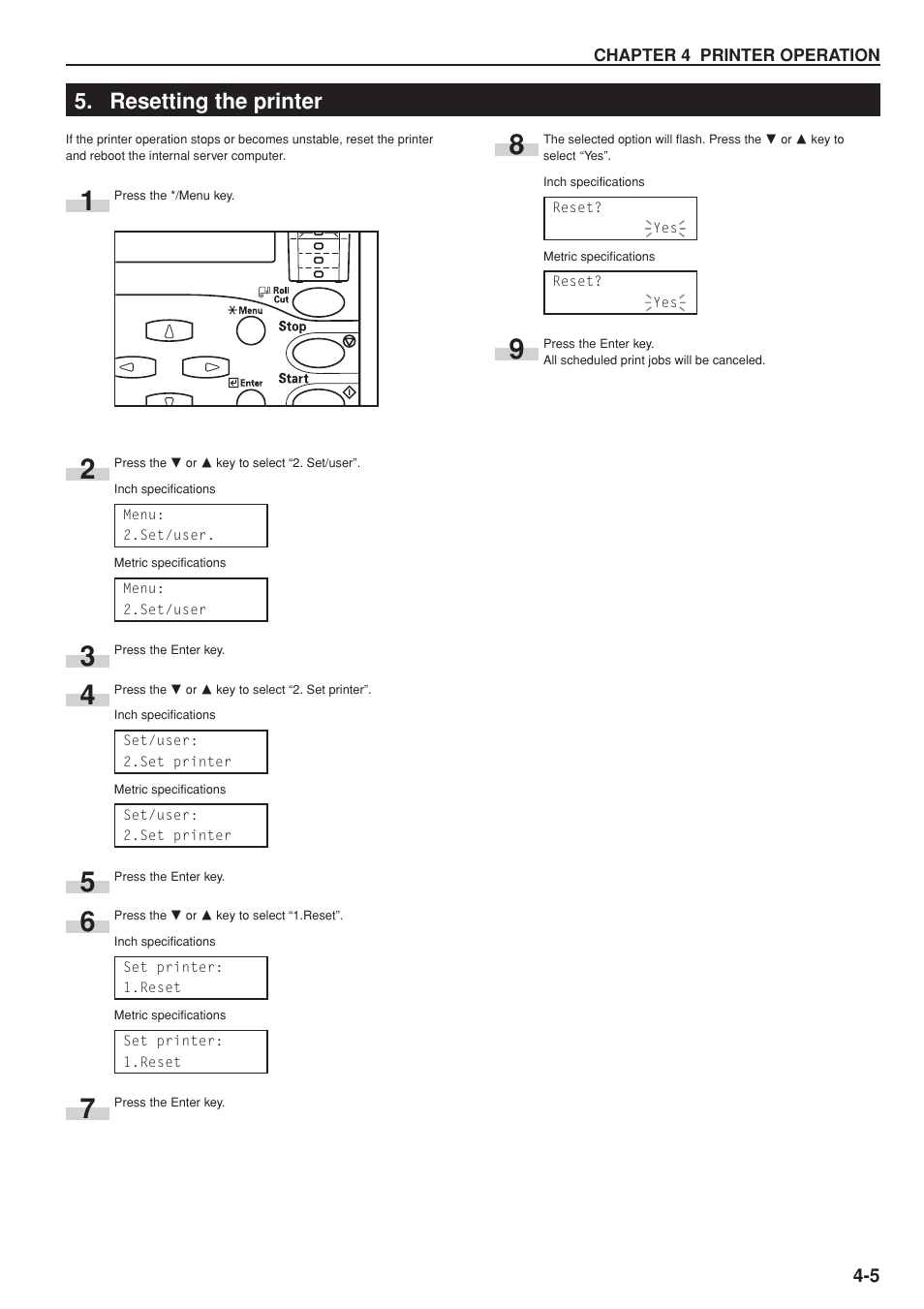 Resetting the printer | Kyocera KM-P4845w User Manual | Page 33 / 68