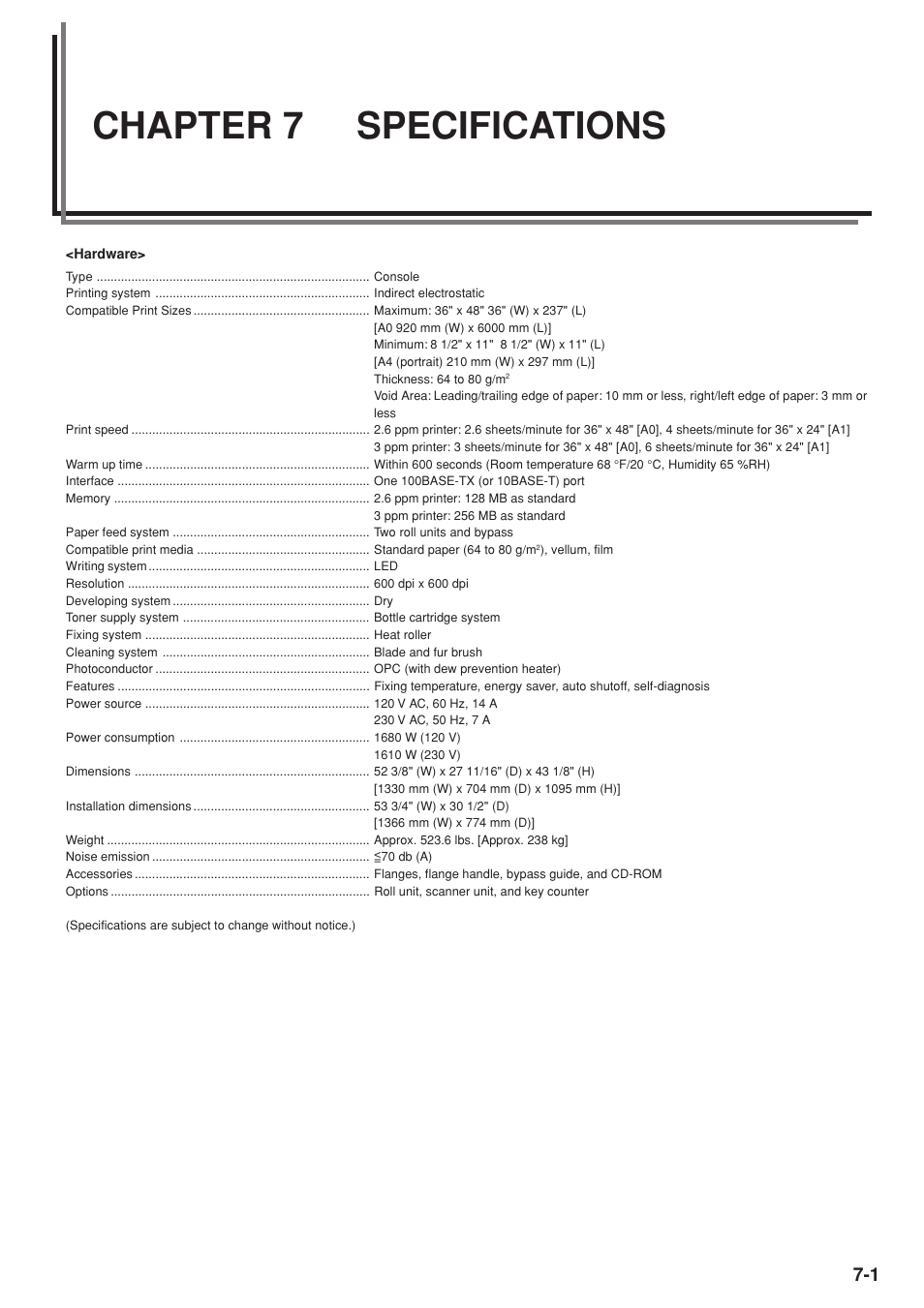 Chapter 7 specifications | Kyocera KM-P4845w User Manual | Page 61 / 68