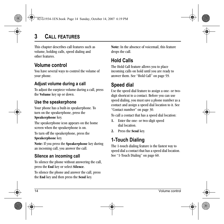 Volume control, Hold calls, Speed dial | Touch dialing | Kyocera Lingo M1000 User Manual | Page 22 / 88