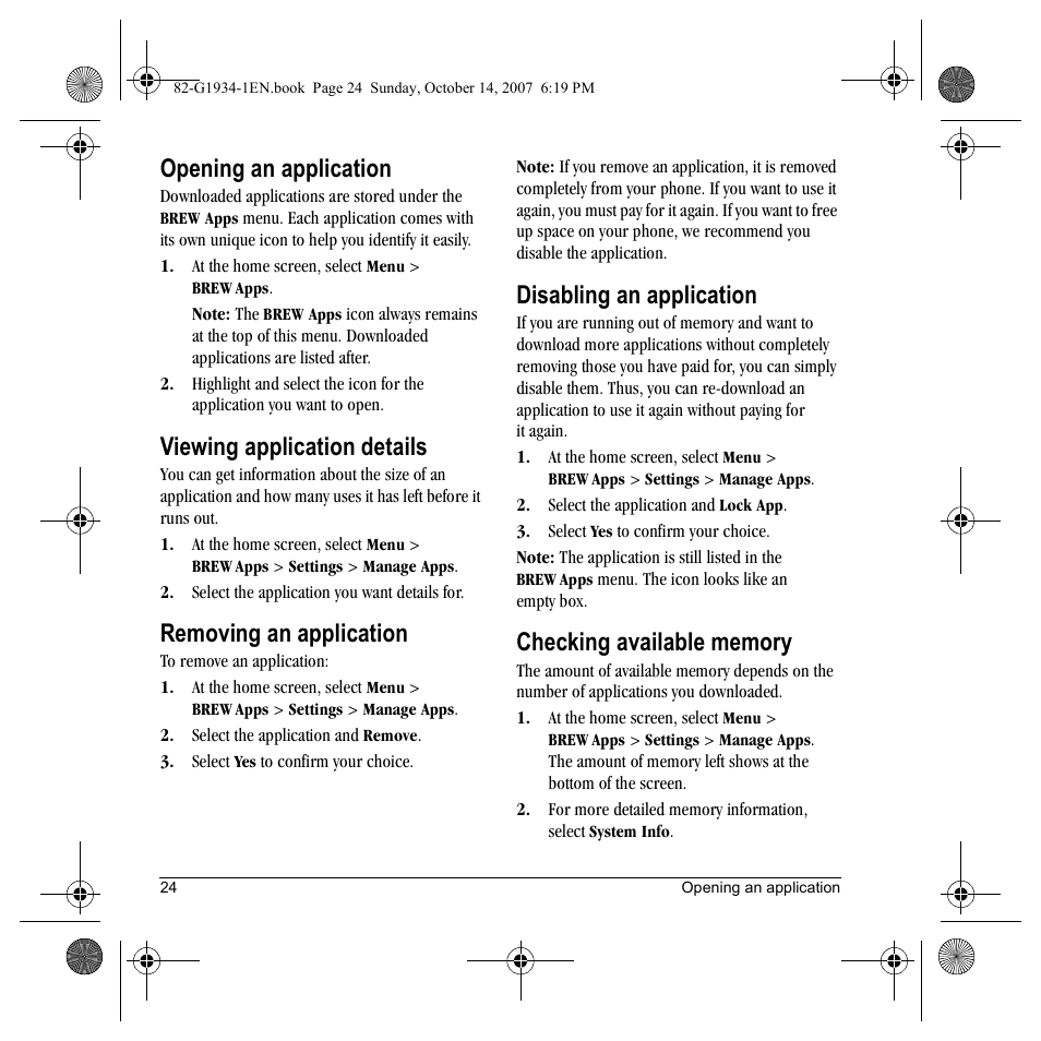 Opening an application, Viewing application details, Removing an application | Disabling an application | Kyocera Lingo M1000 User Manual | Page 32 / 88
