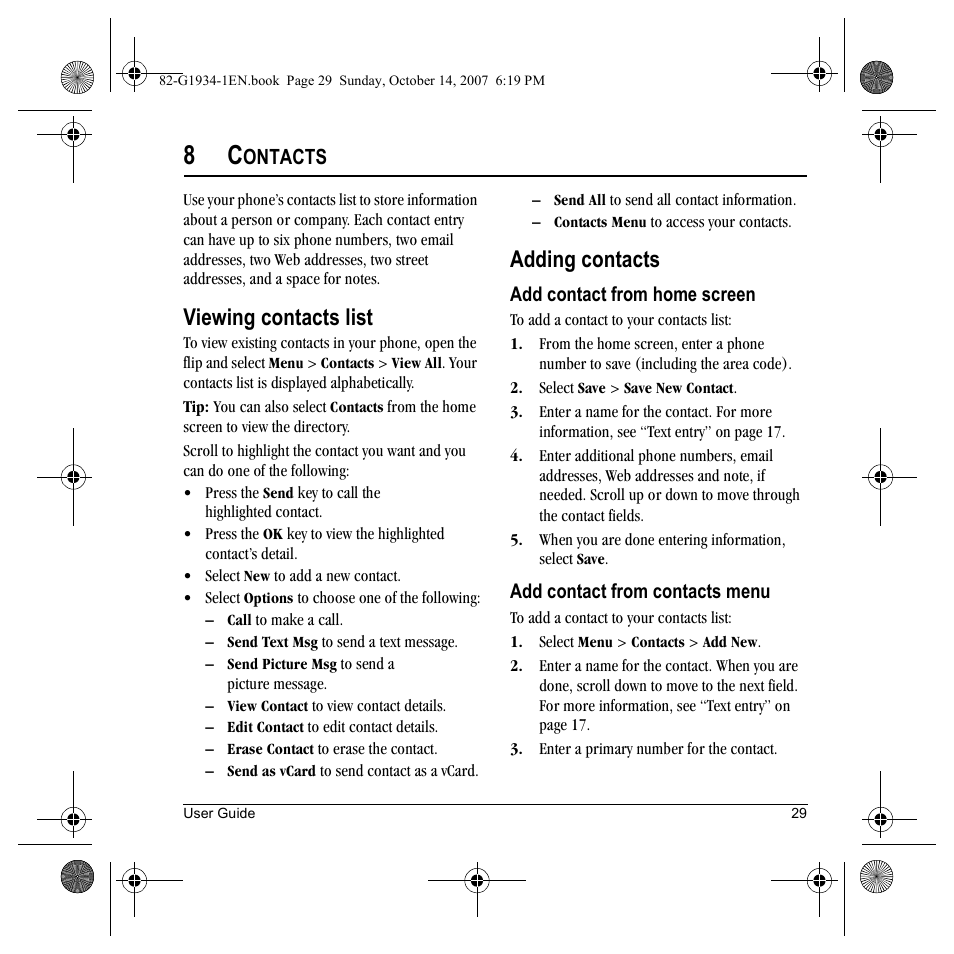 Viewing contacts list, Adding contacts, Ontacts | Kyocera Lingo M1000 User Manual | Page 37 / 88