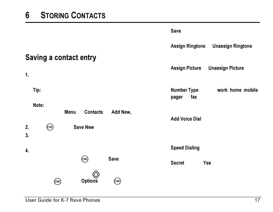 Saving a contact entry, Toring, Ontacts | Kyocera Rave K-7 User Manual | Page 25 / 56