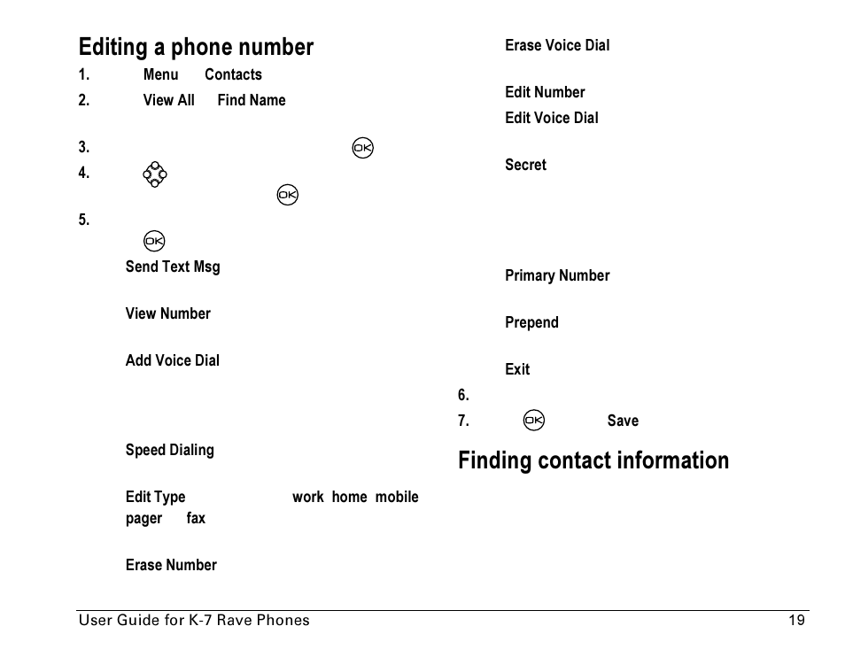 Editing a phone number, Finding contact information | Kyocera Rave K-7 User Manual | Page 27 / 56