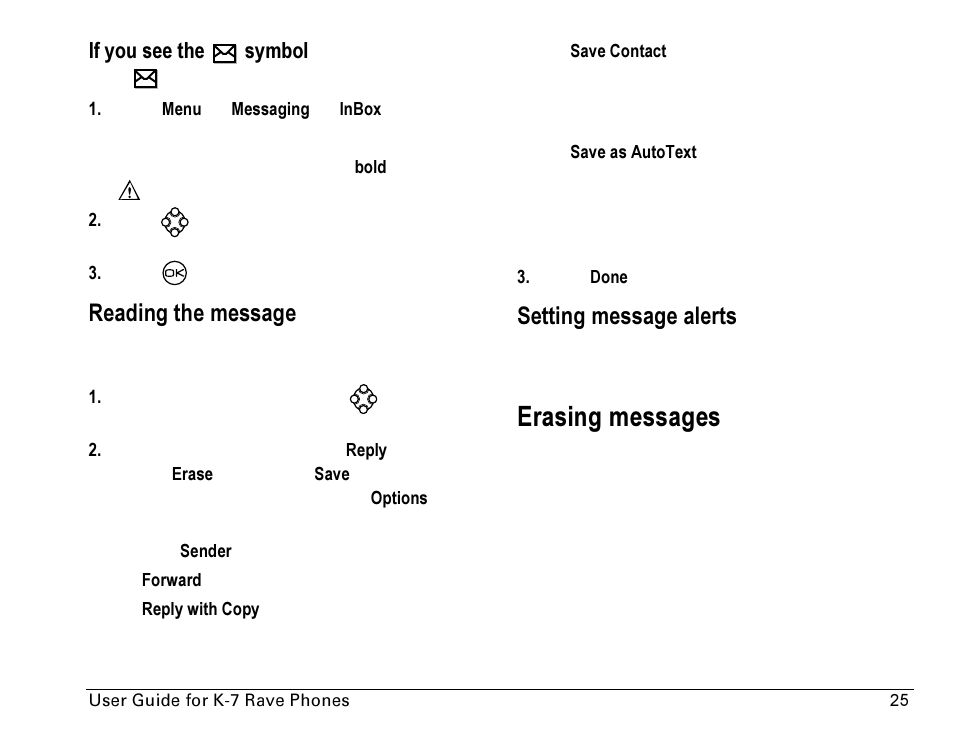 Erasing messages, Reading the message, Setting message alerts | Kyocera Rave K-7 User Manual | Page 33 / 56