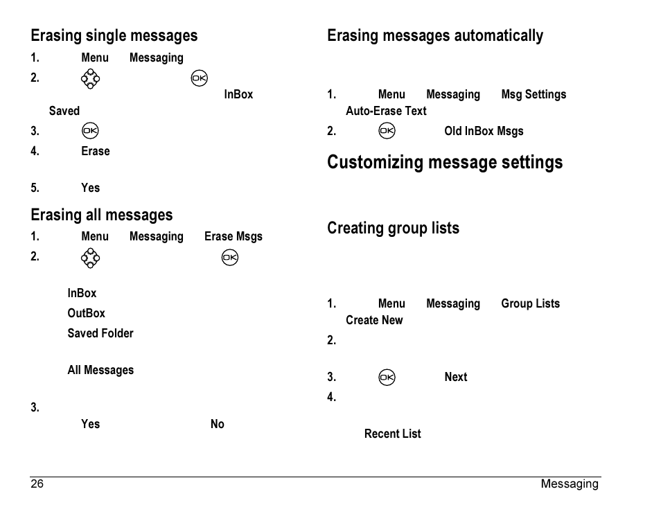 Customizing message settings, Erasing single messages, Erasing all messages | Erasing messages automatically, Creating group lists | Kyocera Rave K-7 User Manual | Page 34 / 56