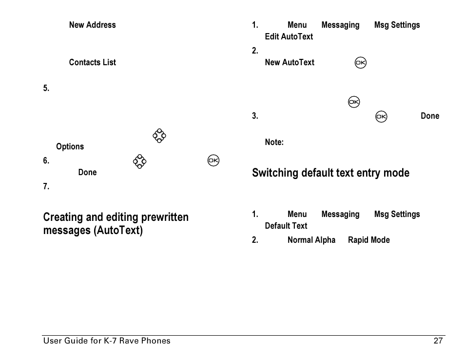 Switching default text entry mode | Kyocera Rave K-7 User Manual | Page 35 / 56