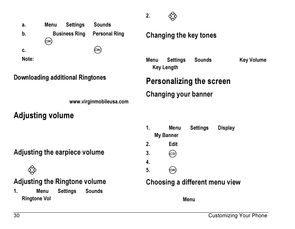 Adjusting volume, Personalizing the screen, Adjusting the earpiece volume | Adjusting the ringtone volume, Changing the key tones, Changing your banner, Choosing a different menu view | Kyocera Rave K-7 User Manual | Page 38 / 56