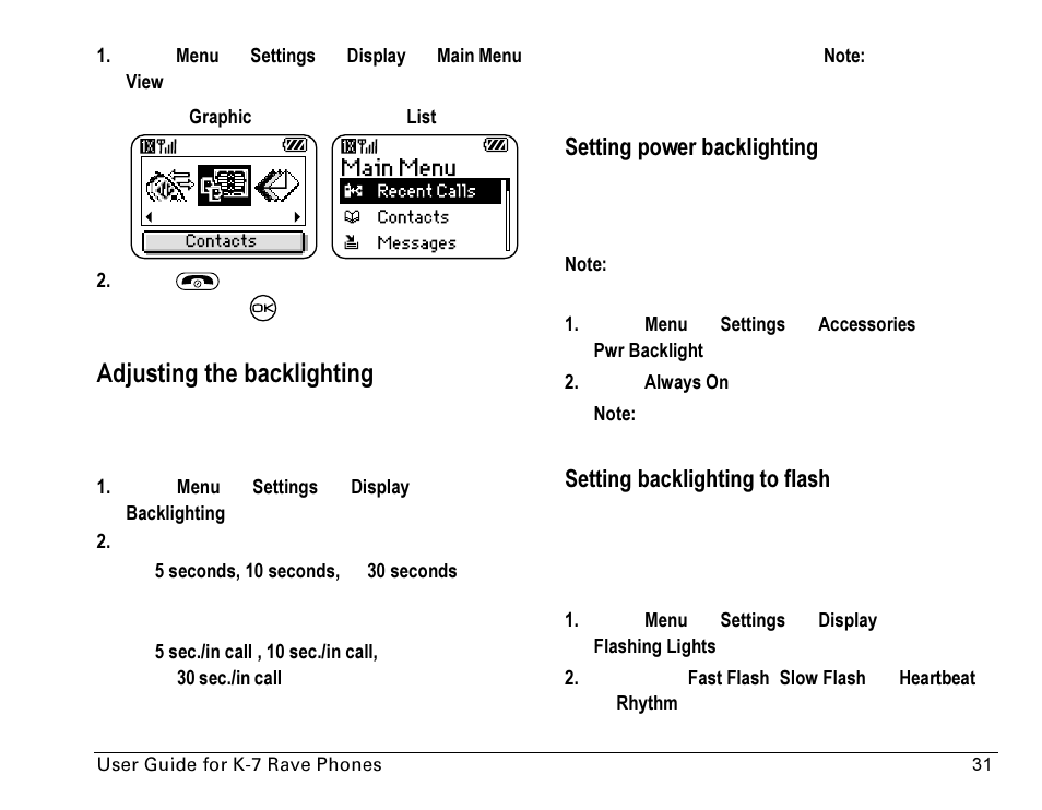Adjusting the backlighting | Kyocera Rave K-7 User Manual | Page 39 / 56