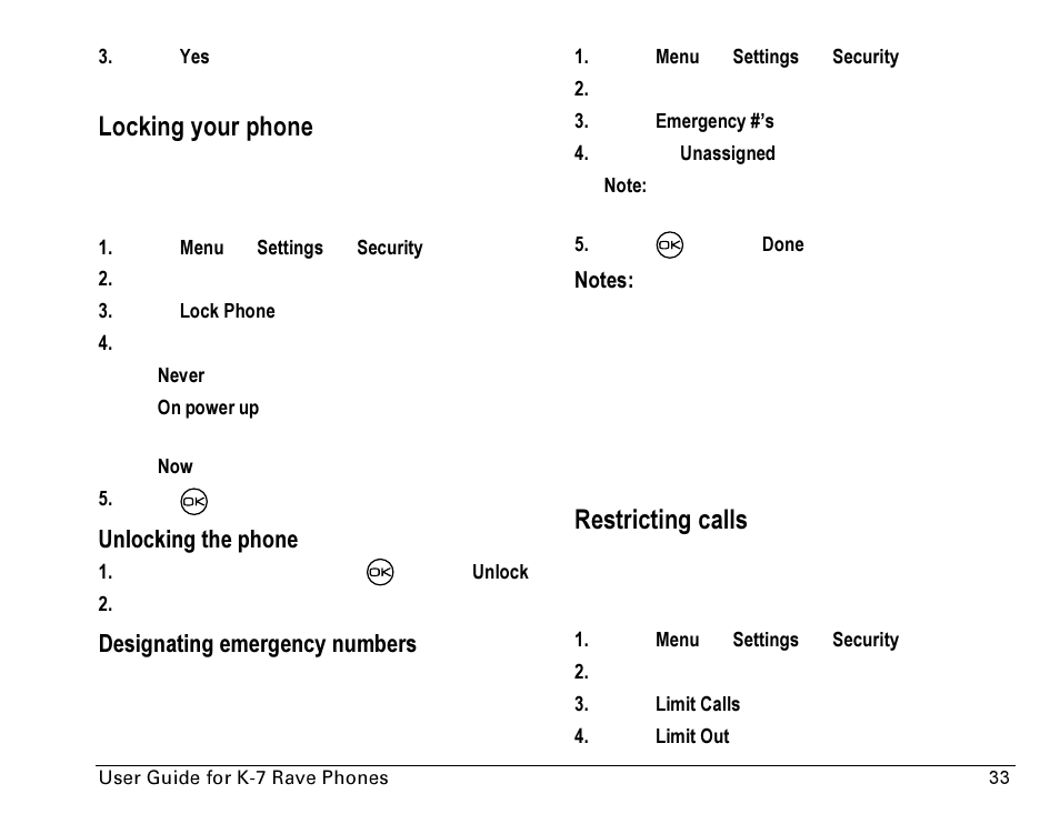 Locking your phone, Restricting calls | Kyocera Rave K-7 User Manual | Page 41 / 56