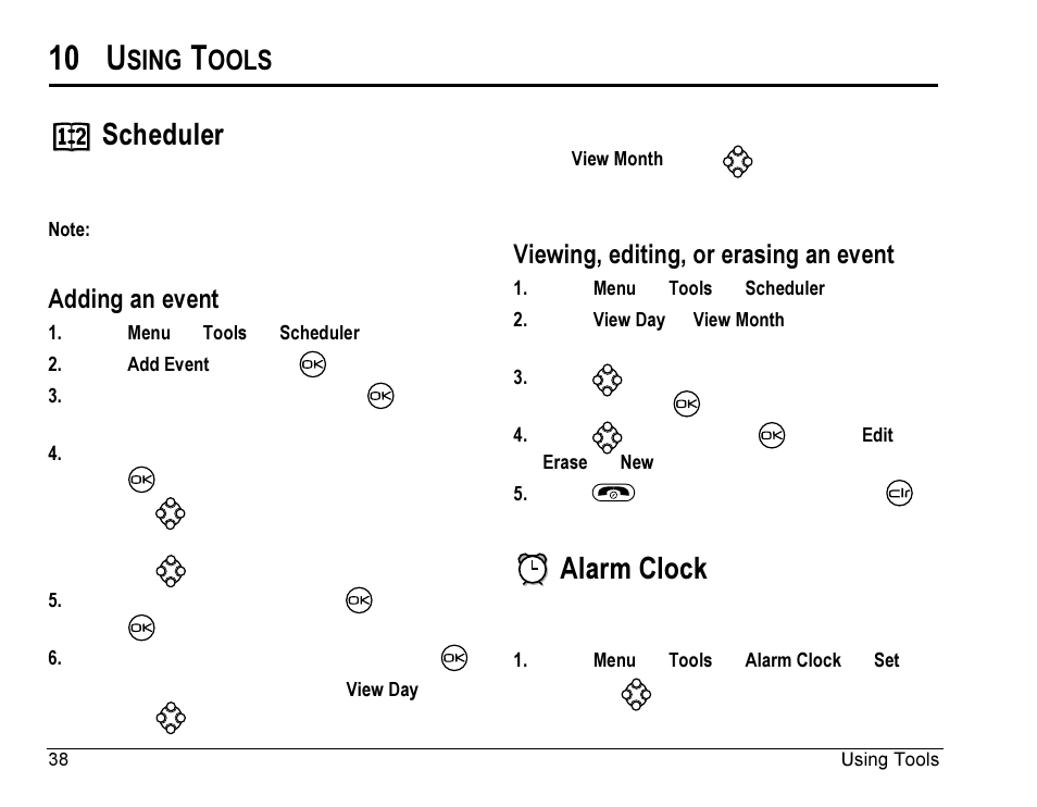 10 u, Scheduler, Alarm clock | Sing, Ools, Adding an event, Viewing, editing, or erasing an event | Kyocera Rave K-7 User Manual | Page 46 / 56