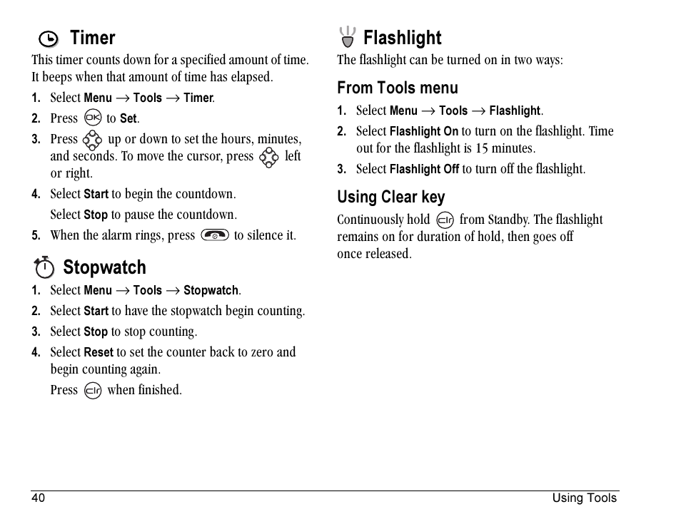 Timer, Stopwatch, Flashlight | Using clear key | Kyocera Rave K-7 User Manual | Page 48 / 56
