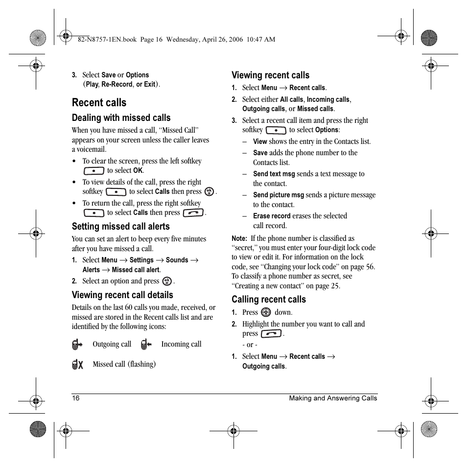 Recent calls, Dealing with missed calls, Setting missed call alerts | Viewing recent call details, Viewing recent calls, Calling recent calls | Kyocera Strobe K612 User Manual | Page 22 / 72