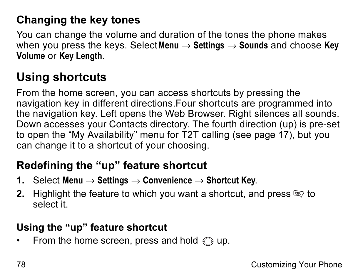 Using shortcuts, Changing the key tones, Redefining the “up” feature shortcut | Kyocera Angel SE47 User Manual | Page 100 / 148
