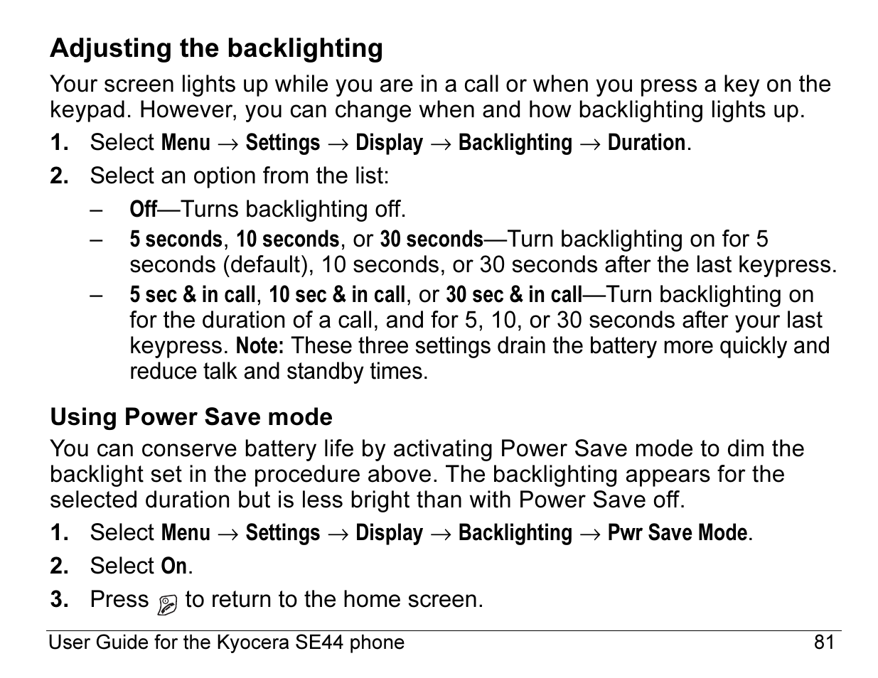 Adjusting the backlighting | Kyocera Angel SE47 User Manual | Page 103 / 148