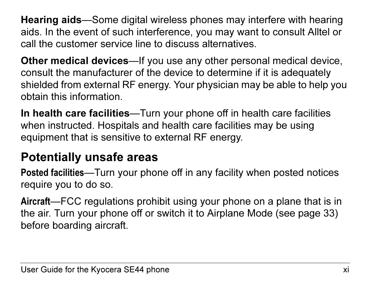 Potentially unsafe areas | Kyocera Angel SE47 User Manual | Page 11 / 148