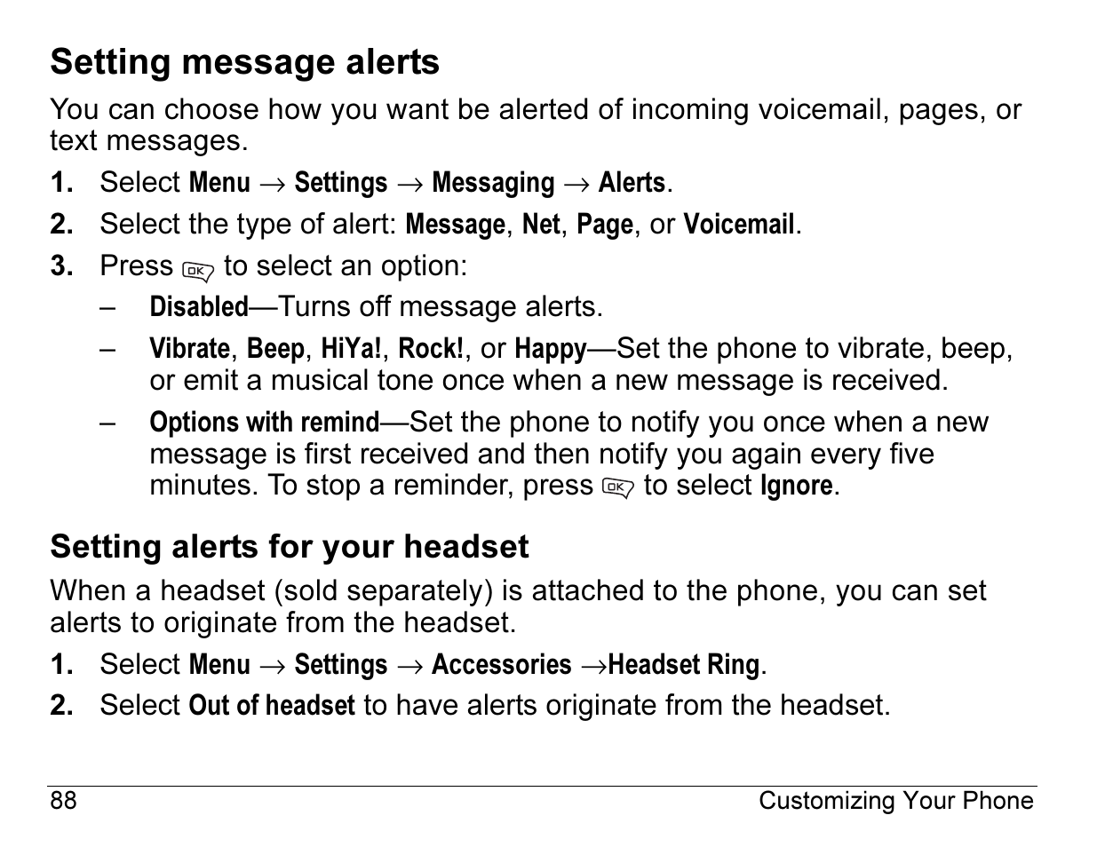 Setting message alerts | Kyocera Angel SE47 User Manual | Page 110 / 148