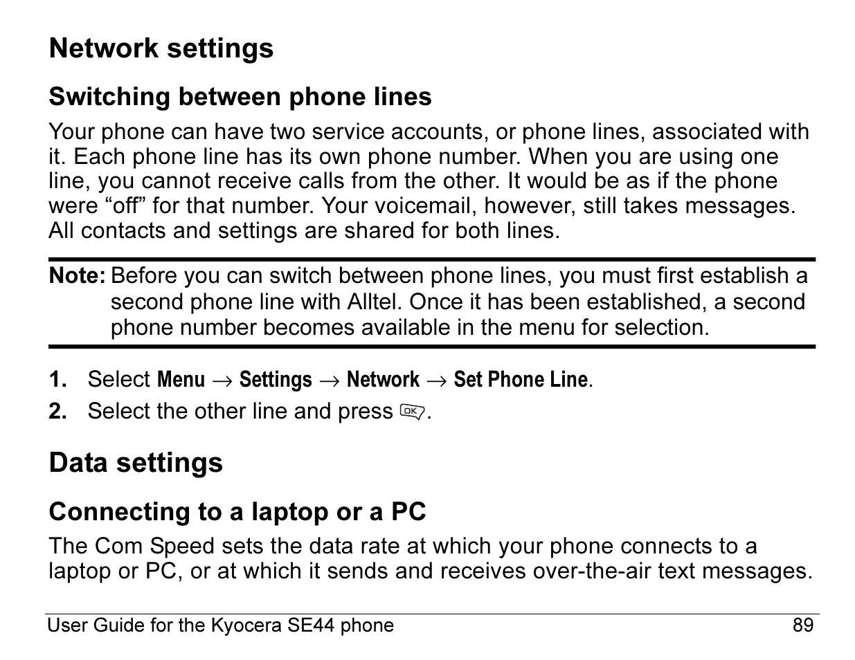 Network settings, Data settings | Kyocera Angel SE47 User Manual | Page 111 / 148
