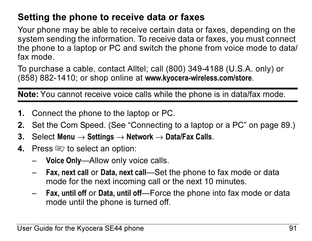 Setting the phone to receive data or faxes | Kyocera Angel SE47 User Manual | Page 113 / 148