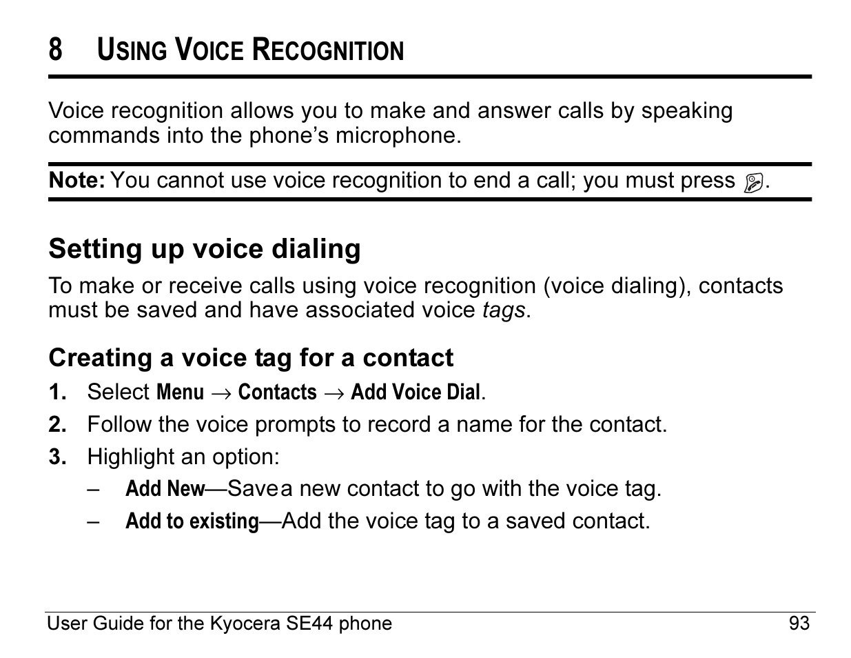 Setting up voice dialing | Kyocera Angel SE47 User Manual | Page 115 / 148