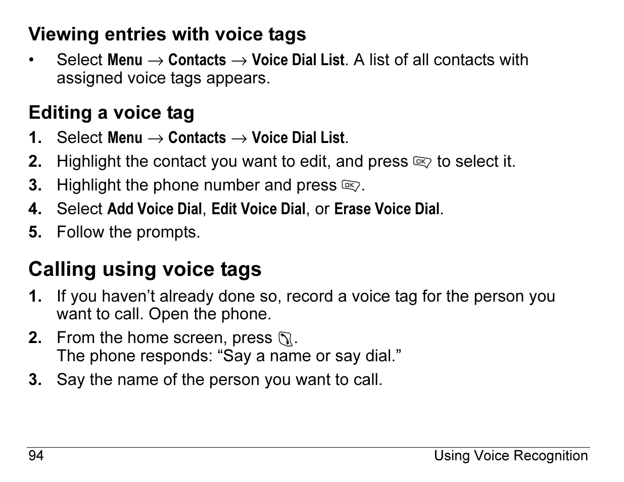 Calling using voice tags | Kyocera Angel SE47 User Manual | Page 116 / 148