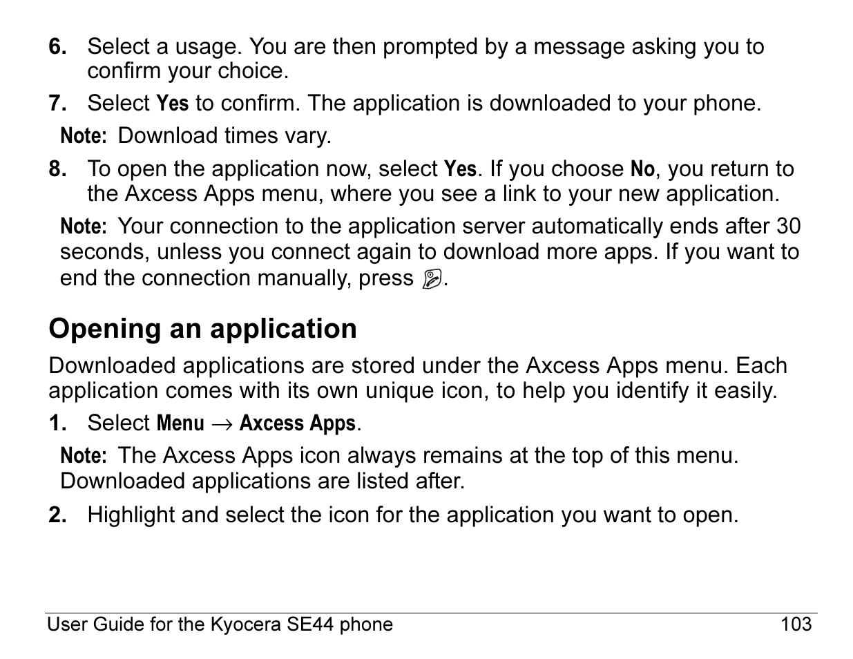 Opening an application | Kyocera Angel SE47 User Manual | Page 125 / 148