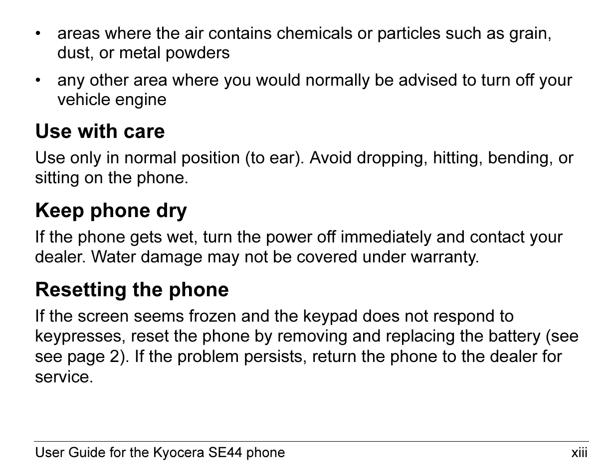 Use with care, Keep phone dry, Resetting the phone | Kyocera Angel SE47 User Manual | Page 13 / 148