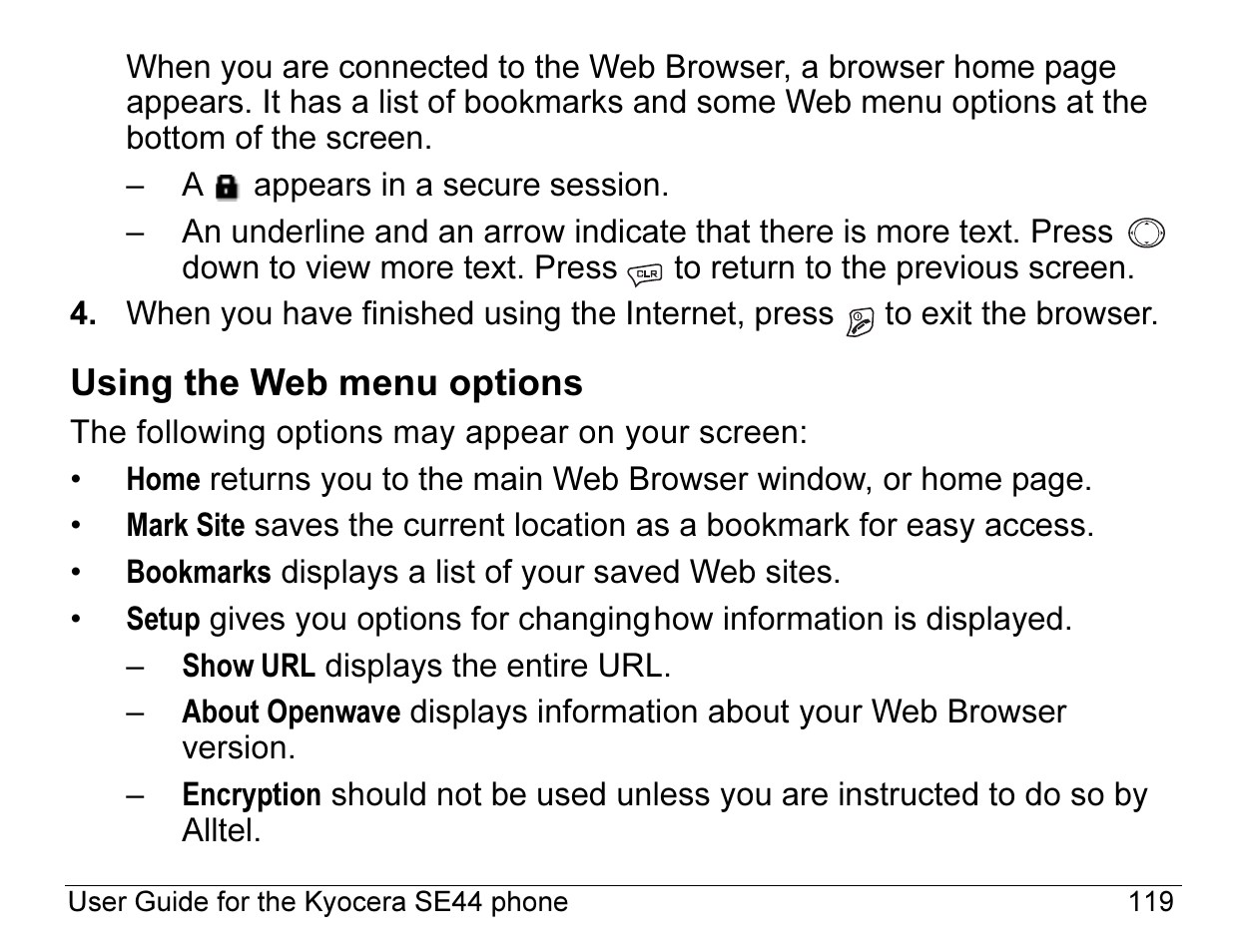 Using the web menu options | Kyocera Angel SE47 User Manual | Page 141 / 148