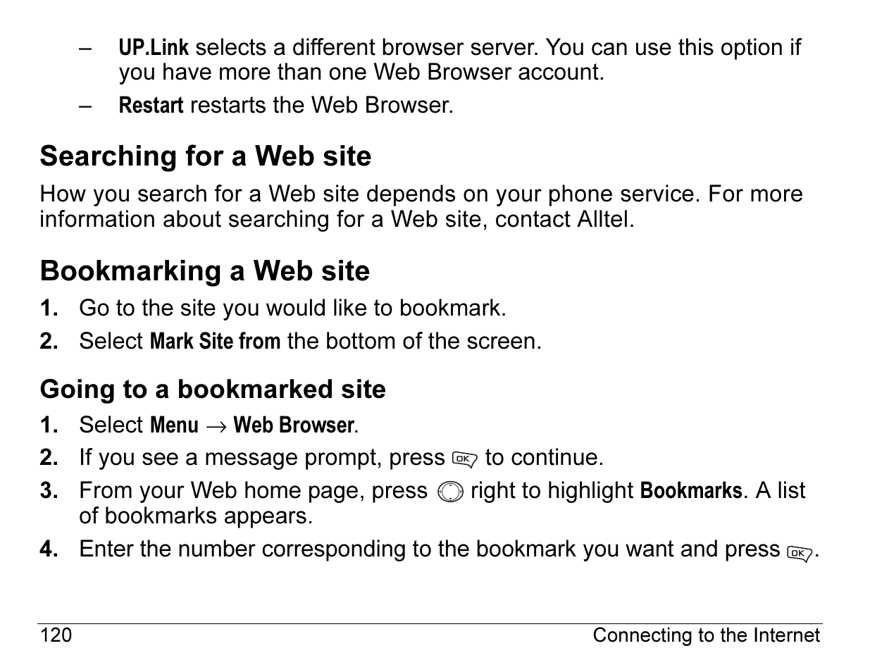 Searching for a web site, Bookmarking a web site | Kyocera Angel SE47 User Manual | Page 142 / 148