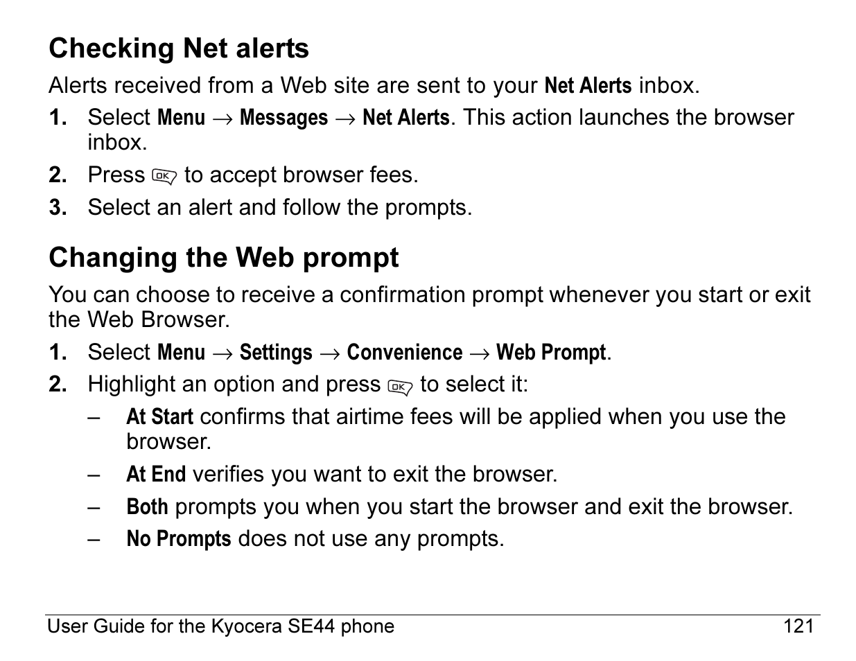 Checking net alerts, Changing the web prompt | Kyocera Angel SE47 User Manual | Page 143 / 148